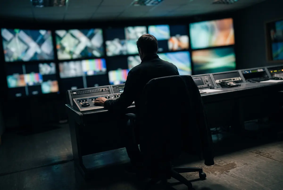 A darkened live broadcast control room, one operator at the desk facing a wall of monitors.