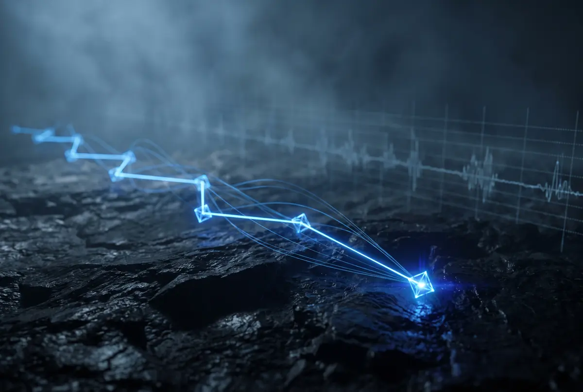 A network route trace rendered as a glowing polyline descending hop by hop, with a latency waveform behind it.
