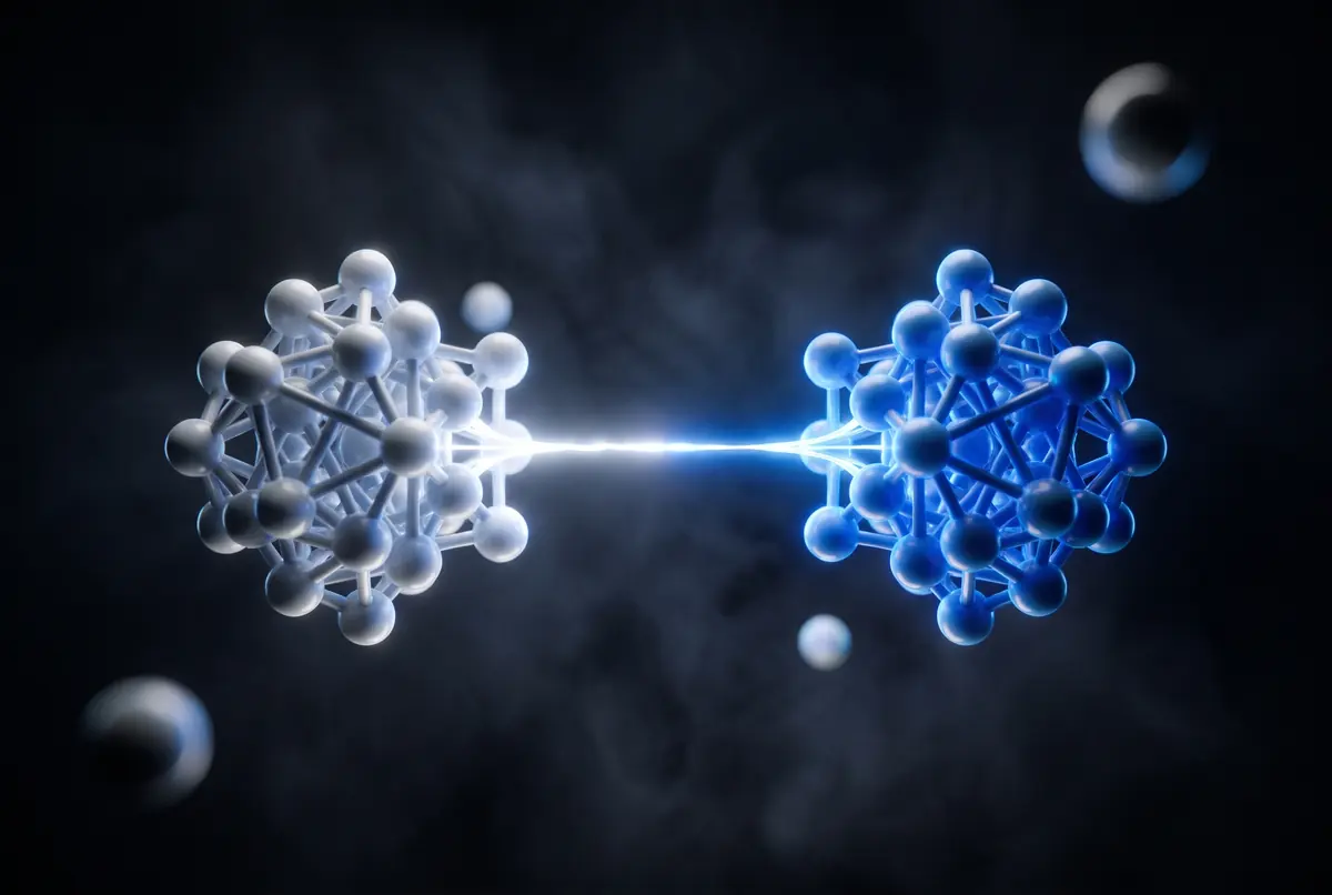 An abstract render of two node clusters joined by a single bright link.